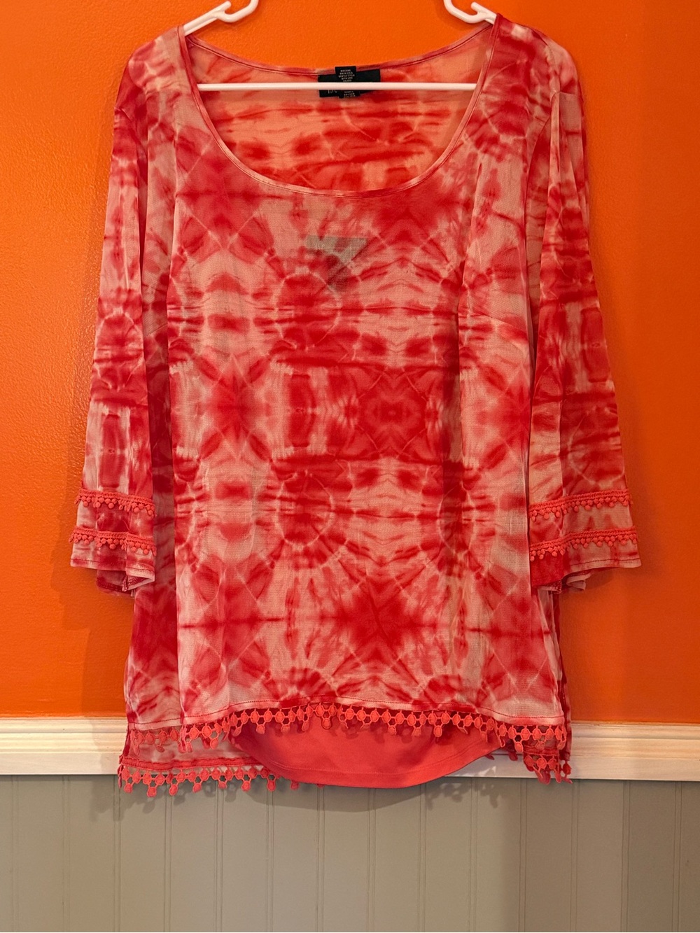 INC International Concepts Coral Red Tie-Dye Scoop Neck Blouse